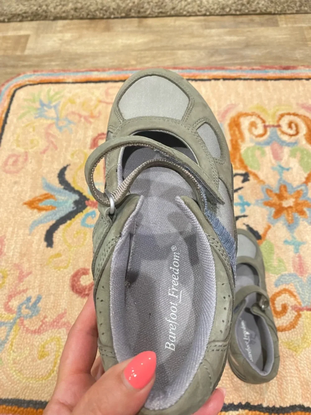 Barefoot Freedom Mary Jane Comfort Shoes Gray Leather Fabric Hook & Loop 9W - Picture 5 of 11